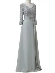 2022 Sliver Lace Mother of the bride Groom Plus size With Long Sleeves Sequin V neck Chiffon Ruched Formal Evening Gowns