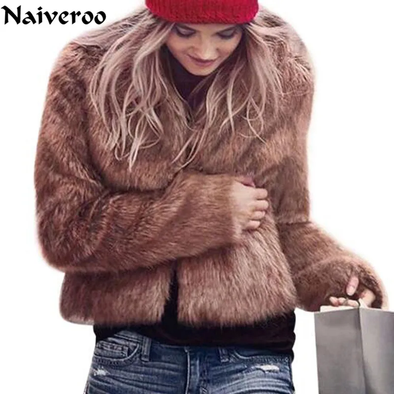 

Artificial Fur Coats Women Autum Winter Collarless Long Sleeve Jackets Overcoat V-Neck Pink Brown White Short Fur Coats