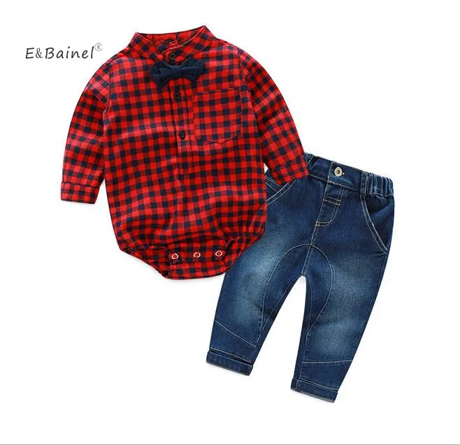 

E&Bainel Fashion Baby Boy Clothes Set 2Pcs/set Long Sleeve Plaid Romper+ Jean Pants Baby Boy Clothing