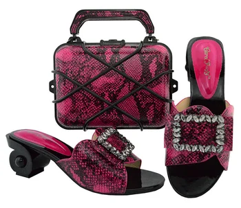 

Shoes and Bag Set African Sets 2018 Ladies Italian Shoes and Bag Set Decorated with Rhinestone Nigeria Fuchsia color GL02