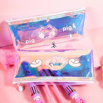 

Cute Pig Quicksand Oil Laser Pencil Bag Student Stationery Cosmetic Case Pouch For Cosmetic Makeup Tools Stationery