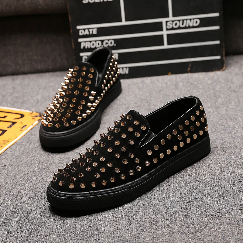 

Men's summer shoes black leather lazy shoes cool British style fashion rivets casual loafer shoes men chaussures homme