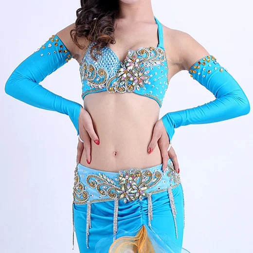 Женский костюм для танца живота, одежда для восточных танцев, костюмы с бусинами в восточном стиле, комплект из 3 предметов(бюстгальтер+ пояс+ рукава), на заказ - Цвет: turquoise