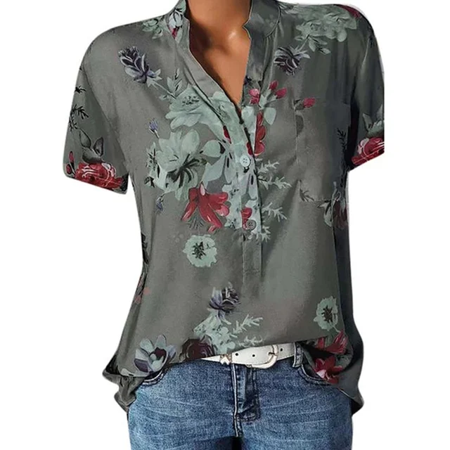 Elegant women's shirt printing large size casual shirt fashion V-neck short-sleeved shirt blouse gray