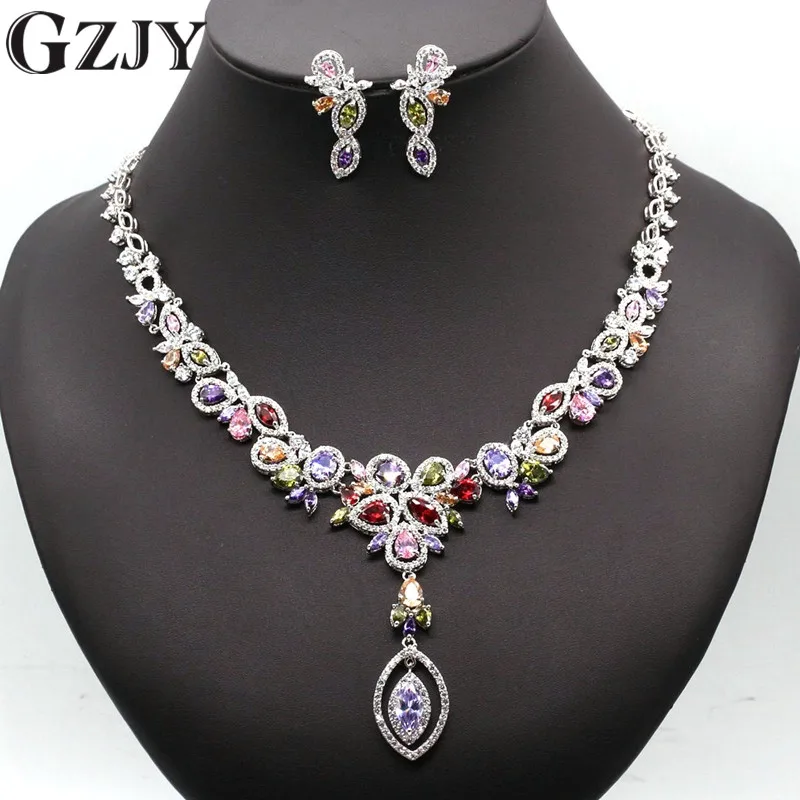 GZJY High Quality White Gold Color Jewelry Sets For Women With Multicolor AAA Zircon Luxury Elegant Bridal Jewelry Gift GZJY High Quality White Gold Color Jewelry Sets For Women With Multicolor AAA Zircon Luxury Elegant Bridal Jewelry Gift