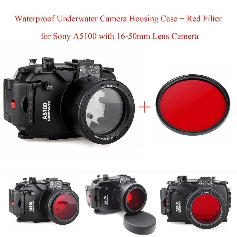 

Meikon 40M/130ft Underwater Camera Housing Case for Sony A5100 16-50mm Lens,Camera Waterproof Bag Case+Red Filter for Sony A5100