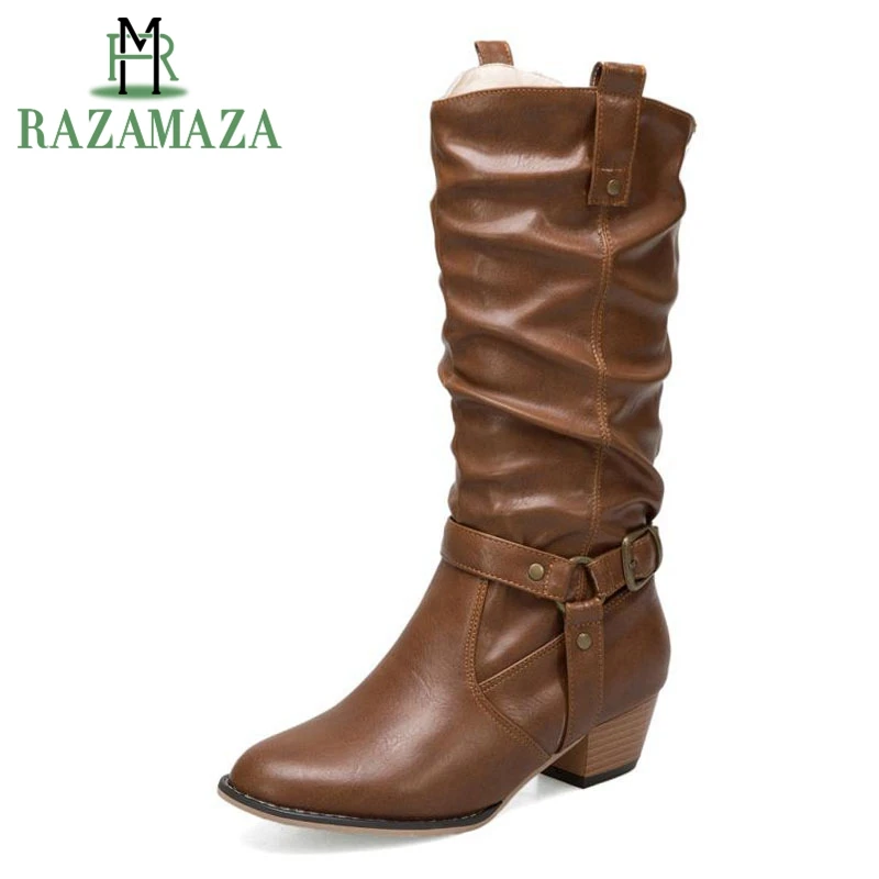 

ZALAVOR Plus Size 34-50 Vintage Women High Heels Boots Buckle Round Toe Mid Calf Boots Party Warm Shoes Women Sexy Footwear