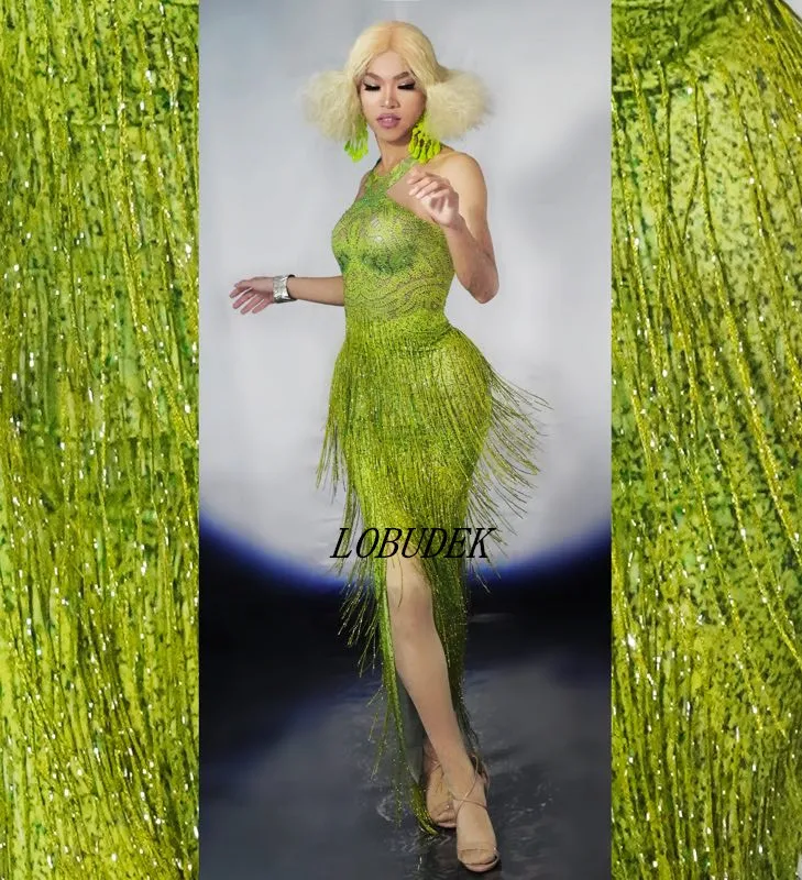 Зеленое обтягивающее платье с бахромой и кристаллами, сексуальное женское длинное платье с разрезом до бедра, вечерние платья для ночного клуба, Женский сценический костюм певицы