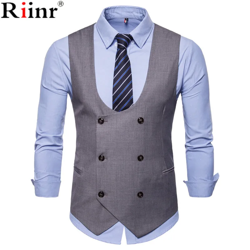 

Riinr 2018 New Brand Men's Business Casual Vest High Quality Men's Clothing Men's Casual U-Neck Solid Color Men's Casual Vest