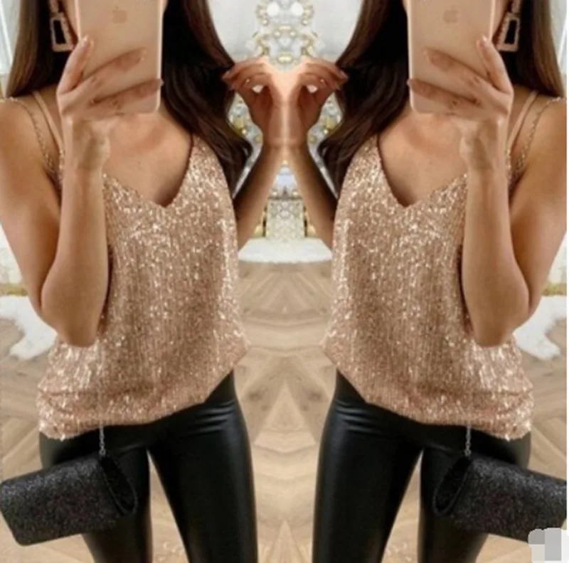 

UK Women Sequin Sleeveless Tank Tops Vest Ladies Party Sparkly Blouse Shirt Tops