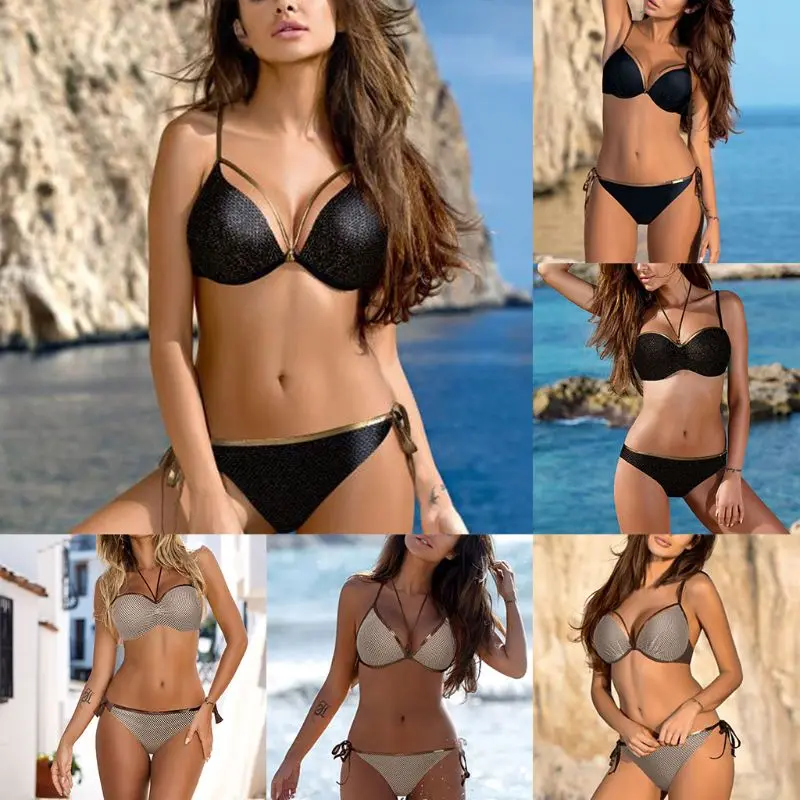 

Women Sexy Two Piece Bikini Set Ruched Underwire Triangle Bra Low Waist Side Tie Thong Solid Color Mesh Patchwork Glitter