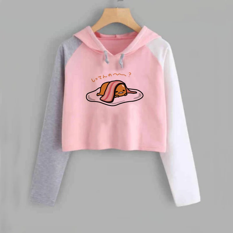  Harajuku Kawaii Lazy Cropped Hoodie Women Sweatshirt Funny Gudetama Agg Graphic Print Hoodies Japan