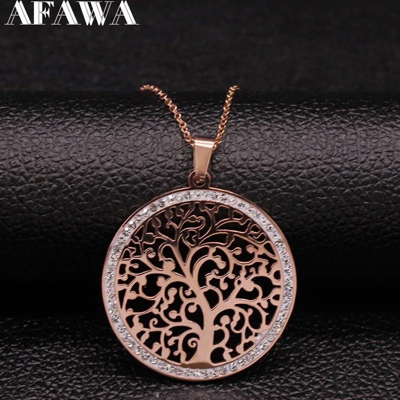 

2019 Fashion Tree of Life Stainless Steel Crystal Statement Necklace Women Rose Gold Color Necklaces Jewerly bijoux femme N18974