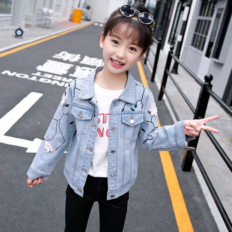 

Kids Denim Clothes Children Girls Jackets Cool Long Sleeves Turn-down Collar Buttons Coats Applique Pattern Denim Outerwear