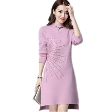 Осенне-зимний высококачественный Женский вязаный свитер с вышивкой в стиле ретро китайский стиль cheongsam вышитое кашемировое платье SUN35