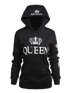 Для женщин Для мужчин Толстовки King Queen печатных толстовка любителей пары Толстовка свитер с капюшоном Повседневная Пуловеры для женщин спортивные костюмы - Цвет: Черный