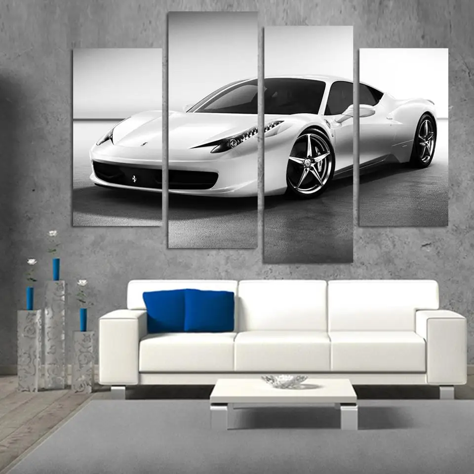 4 panel White Sports Car Wall Art Picture Home Decoration Living Room
