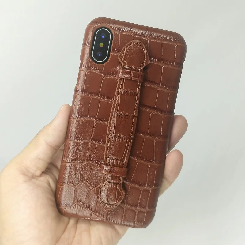 

Solque Genuine Leather HAND HOLDER STRAP Case For iPhone XR Cell Phone Luxury Crocodile Leather Ultra Thin Slim Hard Cover Cases