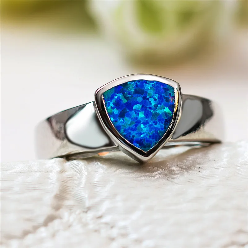 

Cute Female Silver Color Triangle Ring Boho Blue Fire Opal Stone Ring Promise Love Engagement Rings For Women Vintage Jewelry