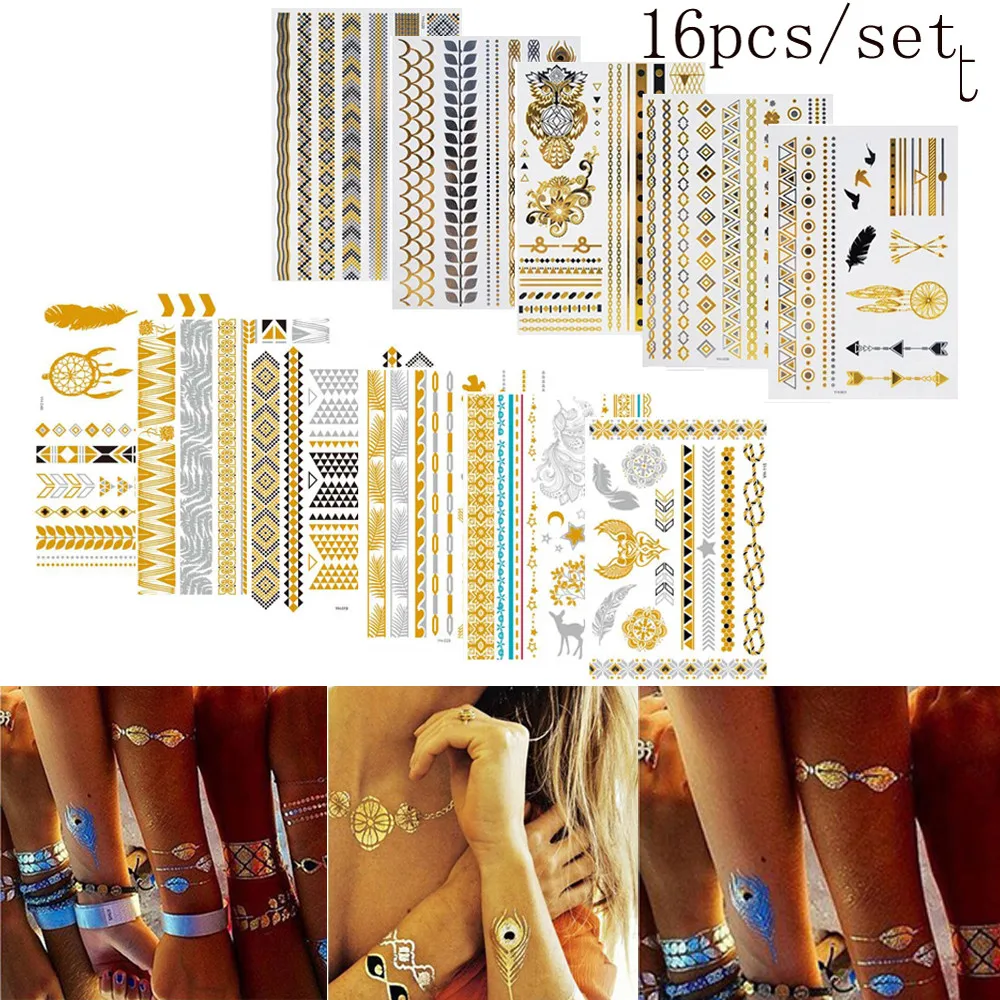 Горячая Мода ретро 16 листов татуировки стикер s различные узоры металлическая Золотая фольга горячее серебро водонепроницаемый стикер татуировки Прямая