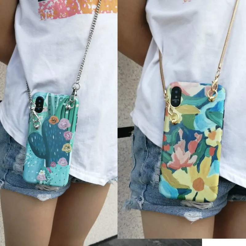 

Cute Simple Plant Oil Painting Flower Crossbody phone case bag For iphone XS MAX cover for iphone X XR 6 6S 7 8 plus 7plus girl