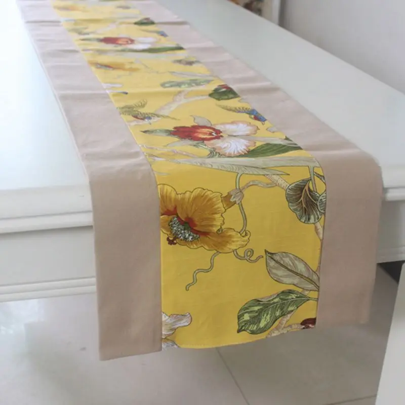 Linen Cotton Yellow Flower Printed Table Runner And Placemat Sets Table