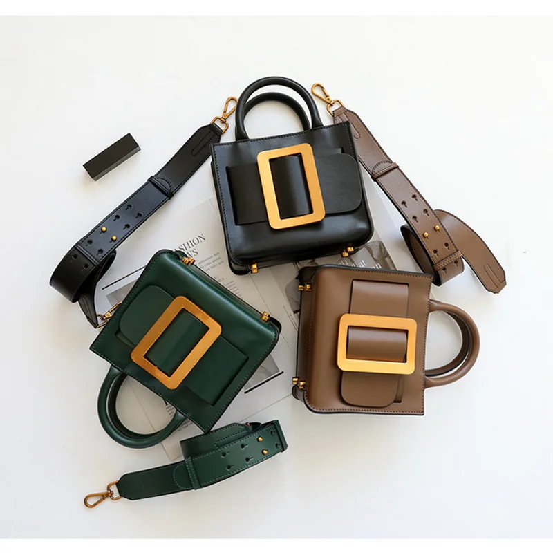 

Wide Belt Genuine Leather Women Portable Satchel Lady Handbags Square Buckle Brand Design Shoulder Bags Vintage Retro Pochette