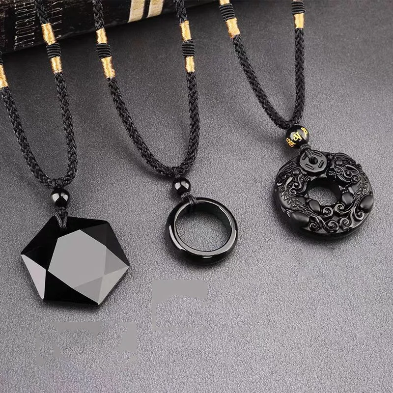 

Natural Black Obsidian Onyx Pendant Necklace Lucky Amulets for Men and Women With Rope Chain