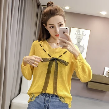 

sweater women spring autumn winter 2017 feminina thin pullover fashion cute sweet new v-neck hole knit sweaters female A4575