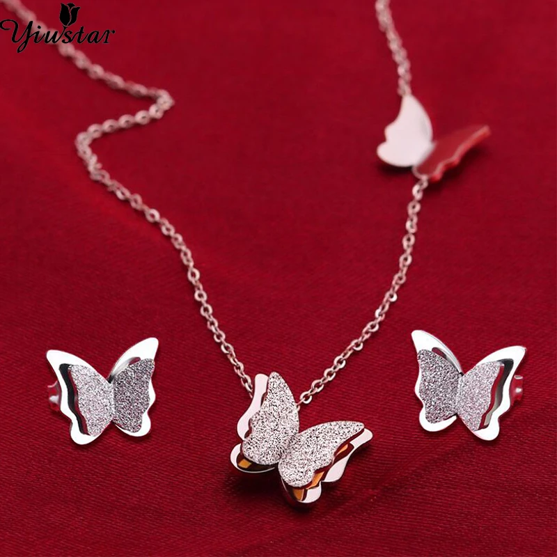 

Yiustar Lucky Fashion Butterfly Bridesmaid Jewelry Sets Elegant Animal Stianless Steel Necklace/Earrings Women Girls Accessories