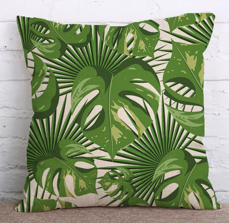 KYYZROZZZ Tropical Plants Green Leaves Monstera Cushion Covers Hibiscus Flower Cushion Cover Decorative Beige Linen Pillow Case 19