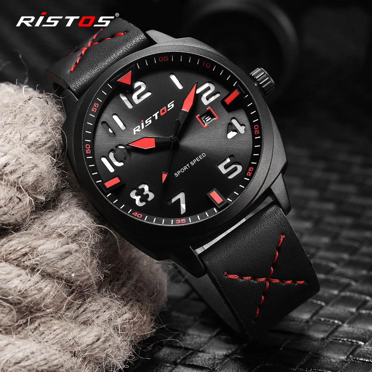 RISTOS военные мужские спортивные часы с кожаным календарем Мужские Qaurtz модные