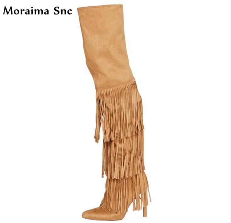 Moraima Snc newly Arrival fashion women long Boots pointed toe Fringe Decoration over-Knee-high Gladiator boot stilettos heel