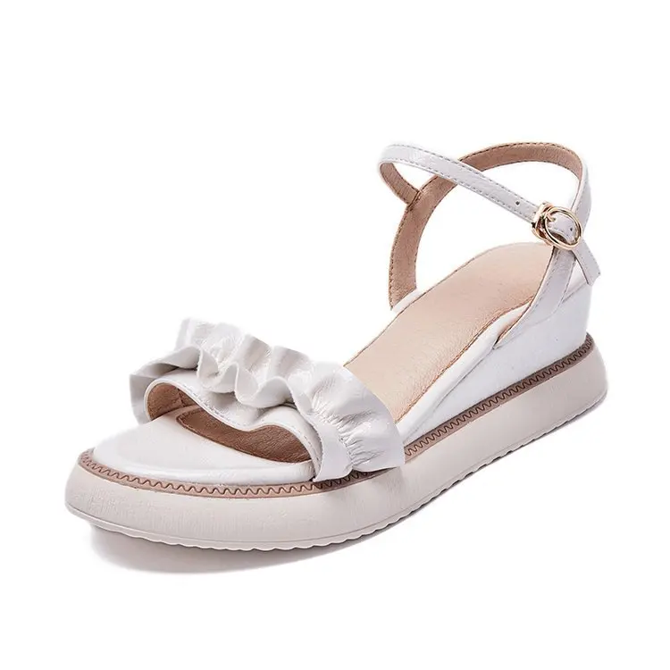 

2019 Summer Women's Shoes Casual Wedges Sandals for Women (6cm) Solid Color Ruffles Sandals Fish Mouth Shoes Open Toe EUR35-39