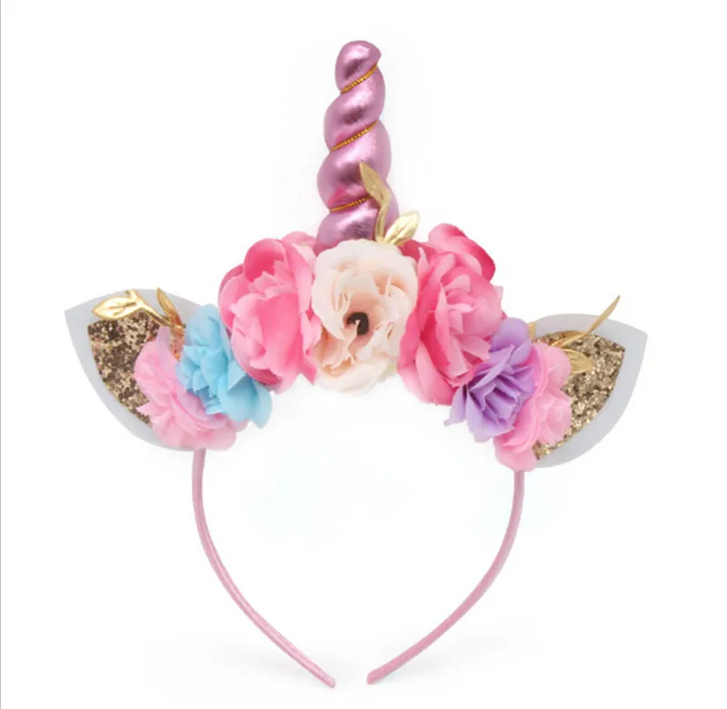 Brand New 2018 Women Kids Party Gold/Silver Unicorn Horn Headband Flower Horn Girls Headwear Birthday Hairband Hair Accessories black head scarf Hair Accessories