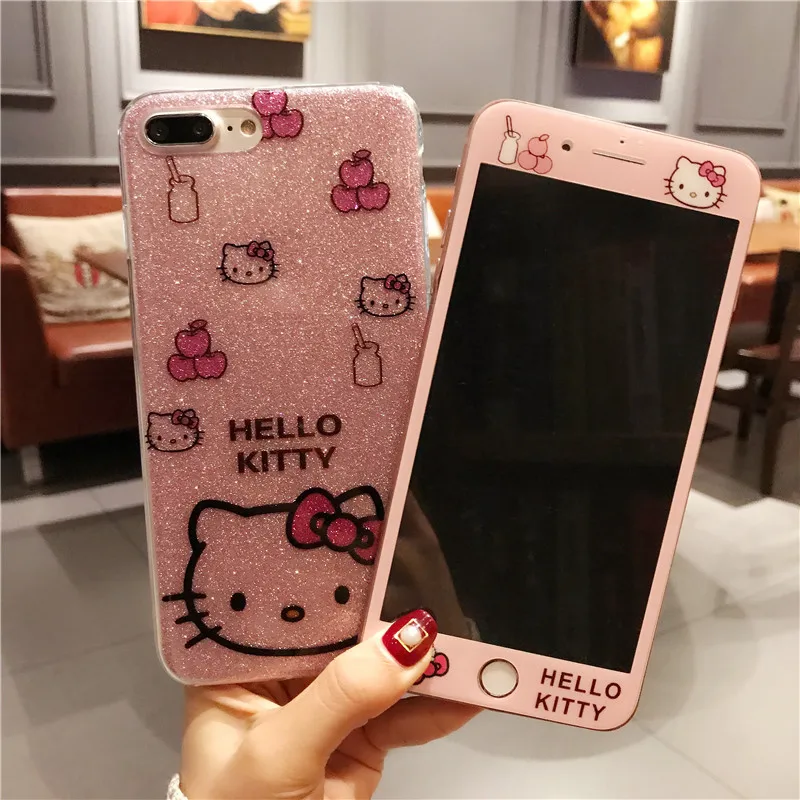 For iPhone 8 8Plus KT Case + Tempered Glass Screen film Cartoon bling Hello Kitty Cover for XS max XR X 6S 6SP 7 7plus |