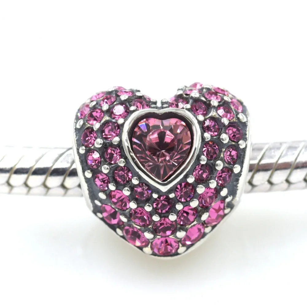 

New Original Solid 925 Sterling Silver Bead Love Heart with Pink CZ Charm Beads Fit Pandora Charms Bracelet DIY Jewelry Making