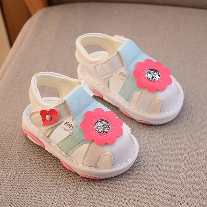 

Summer Baby Girls Anti-Slip Flower PU Shoes Soft Soled Sandals With Sounds