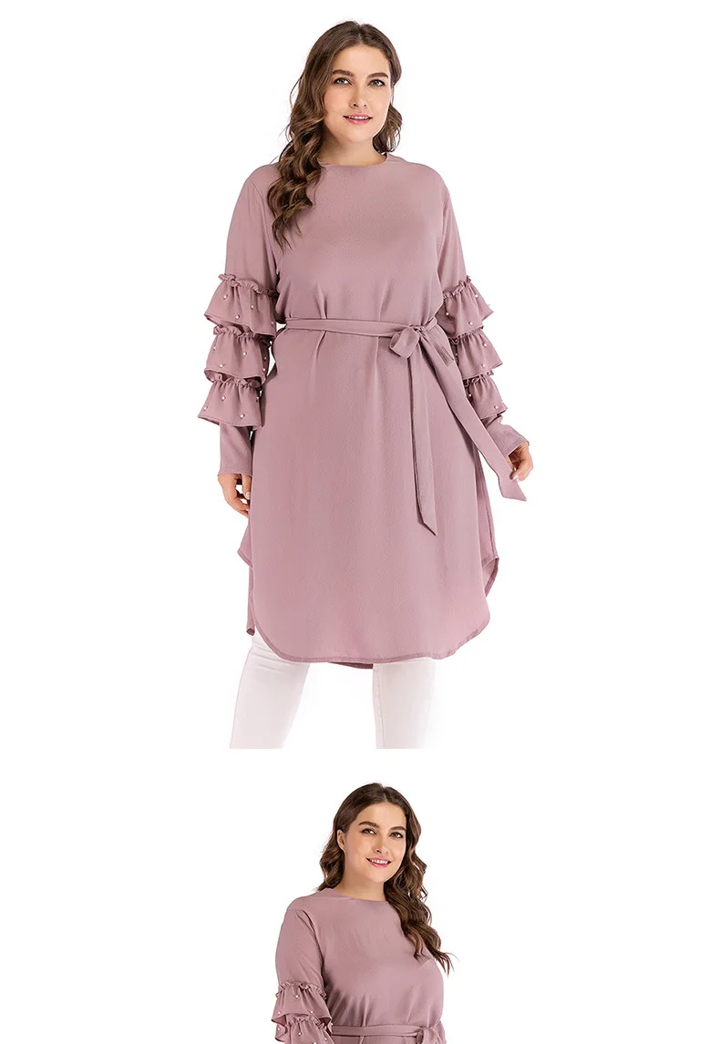 4XL 5XL размера плюс шифоновая блузка розовая Женская летняя блузка с оборками и бусинами длинный рукав туника Длинные Топы Турция с поясом Необычные Рубашки
