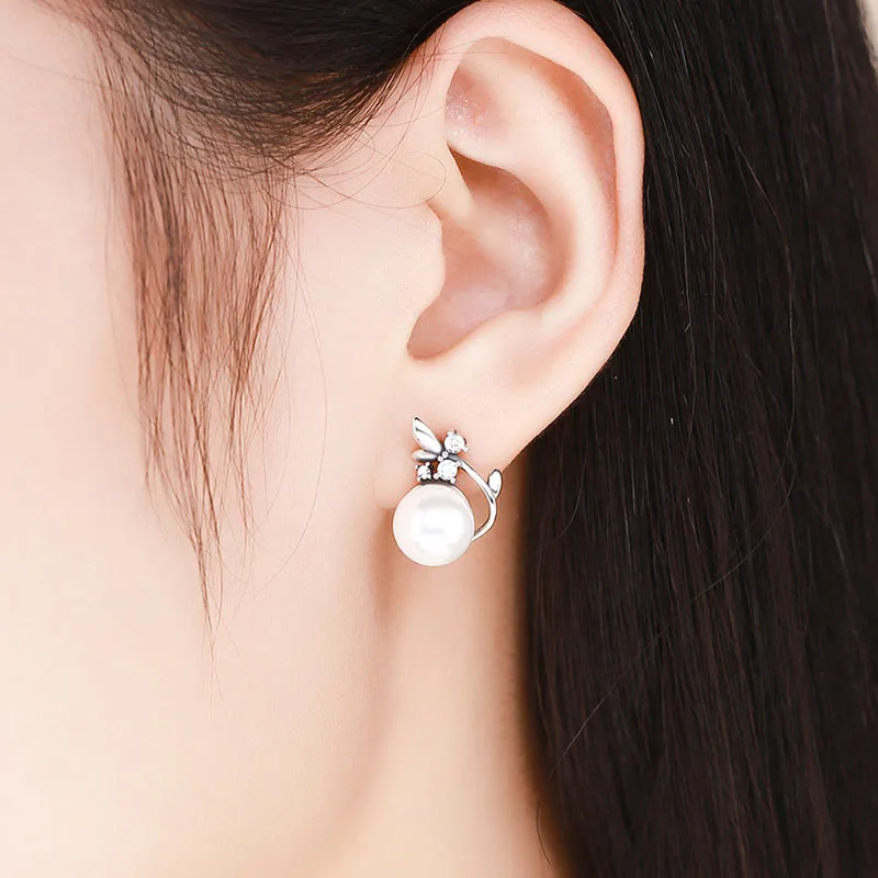 Stud earrings for women silver 925 jewelry Round Freshwater Pearls AAA Zircon Flower Engagement Wedding Party Korean Style - Image 5