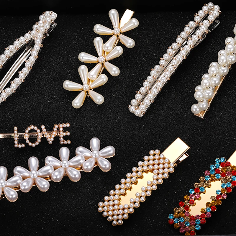 Лучшие женские трендовые заколки для волос с искусственным жемчугом, корейские ювелирные изделия для волос, заколки для волос с цветами и кристаллами