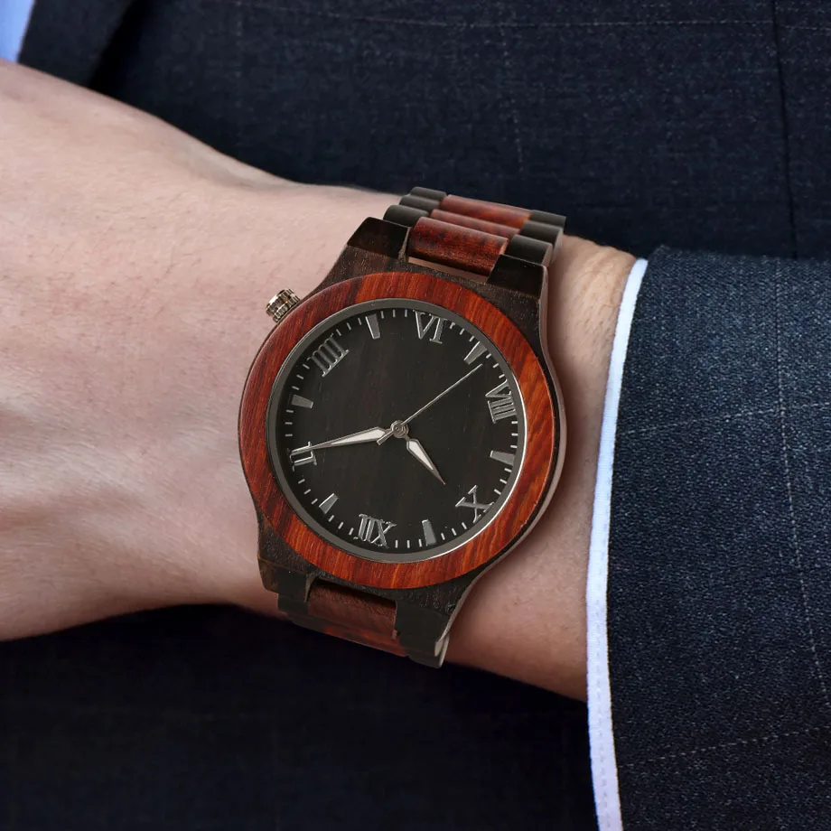 Nature Red Black Wood Watch Men Quartz Sandalwood Wristwatch Rome Number Black Dial Sport Businessmen Watch  Relogio Masculino (15)
