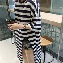 Yfashion Stripe Split T-shirt Women Summer Fashion High Slit Pattern O-neck Round Collar Cotton T Shirts Tee for Women Female Yfashion Stripe Split T-shirt Women Summer Fashion High Slit Pattern O-neck Round Collar Cotton T Shirts Tee for Women Female