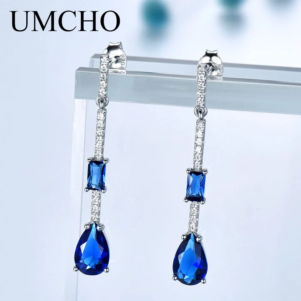 UMCHO 925 серебряные серьги для женщин Твердые стерлингового серебра капли воды создан нано синий сапфир Женские Ювелирные изделия Подарки для девочек
