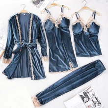 Серый женский костюм из 4 предметов: топ на бретельках и штаны, Пижамный костюм, комплекты для сна, Весенняя бархатная Домашняя одежда, одежда для сна, кимоно, халат, банный Халат