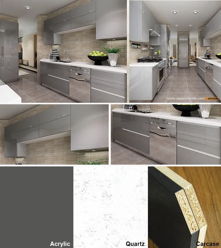Oppein Дизайн Серая акриловая отделка для кухонных шкафов кухонная мебель OP16-A01