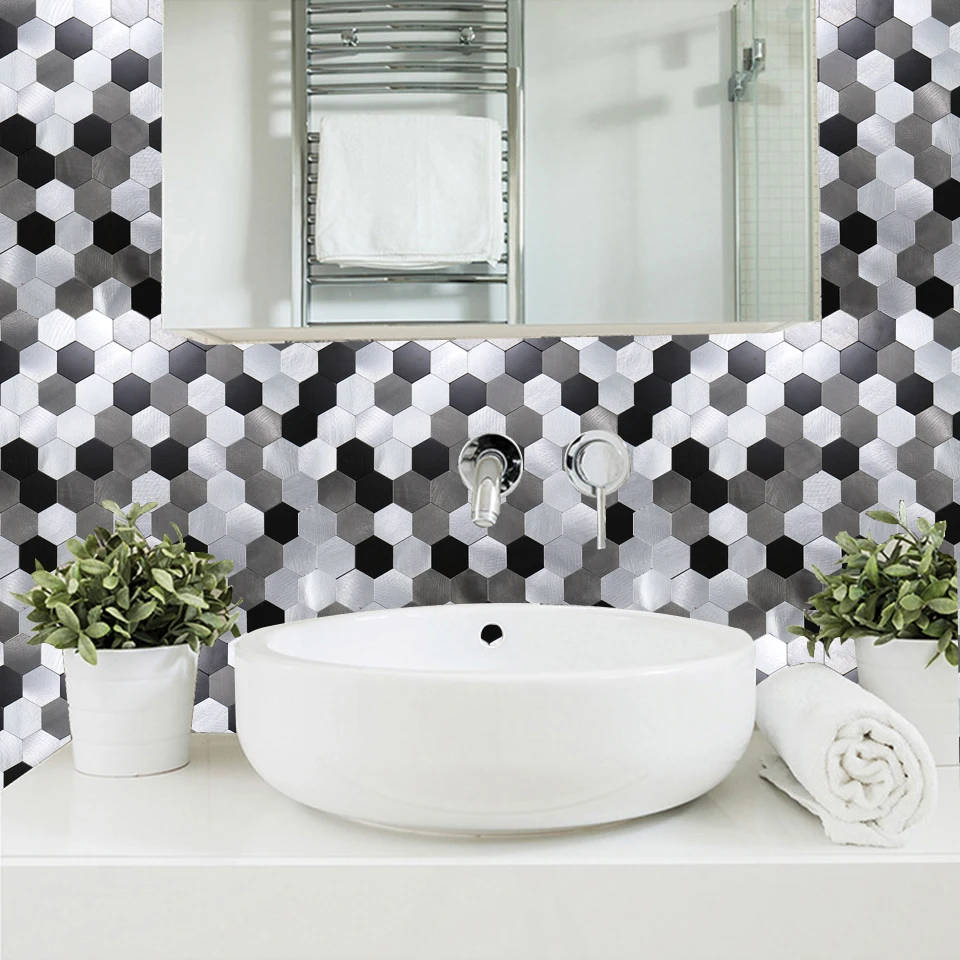 

4 Pieces Nordic 3D Hexagon Peel and Stick Wall Tiles Fireproof Metal Homey Stickers 12 Inch Black Art Alloy Metal Mosaic Tiles