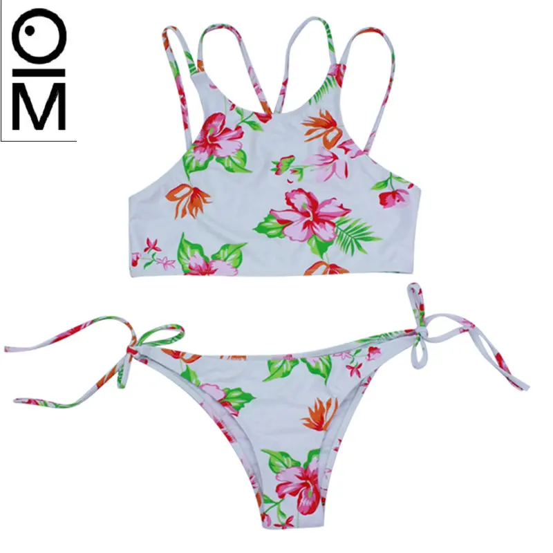 

OM High Neck Bikini Flower Printed Swimsuit Women Sexy Backless Swimwear Halter Bandage Swim Wear Bikinis Set biquini