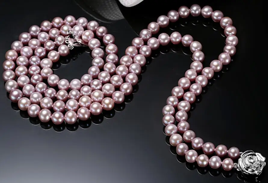 

Charming 2row 9-10 mm round lavender pearl necklace 18"-19"