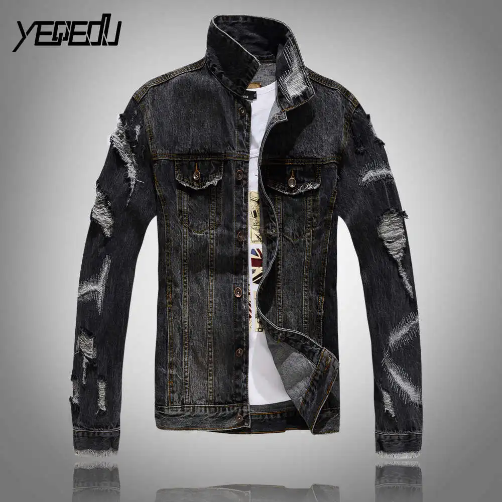 3422 Distressed denim jacket men Black 